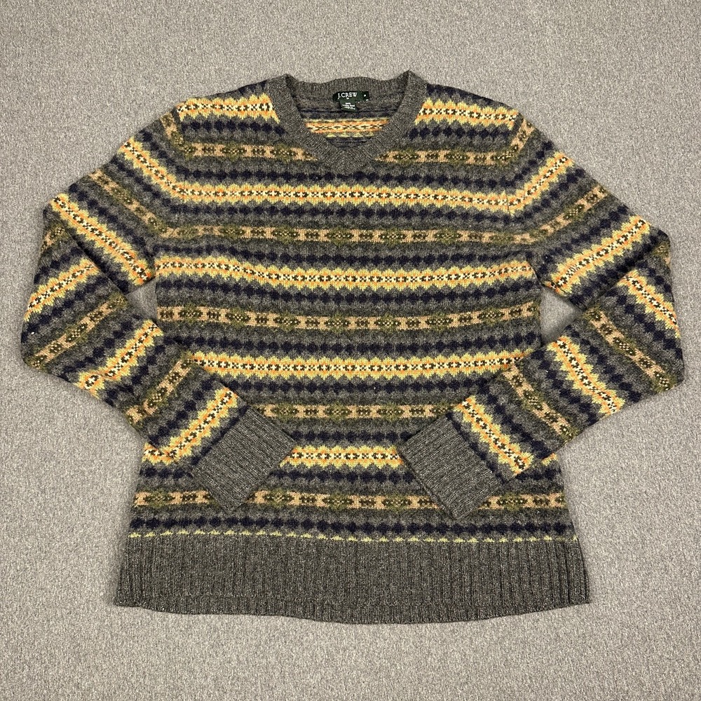 J.Crew Fair Isle Sweater Mens S 100% Lambs Wool Nordic Crewneck Gray Yellow Knit
